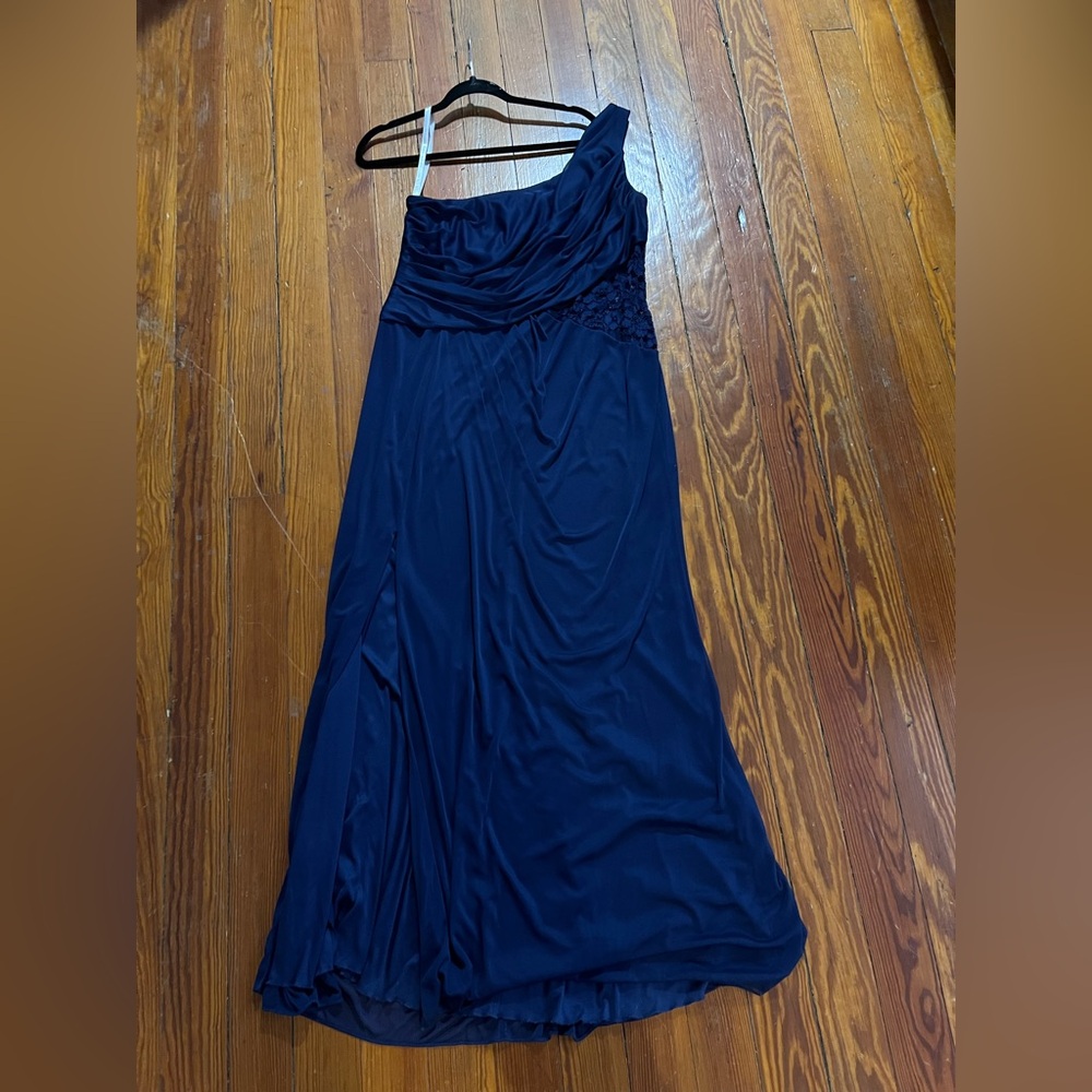 David’s Bridal | One-Shoulder Lace Detail Marine Blue Dress